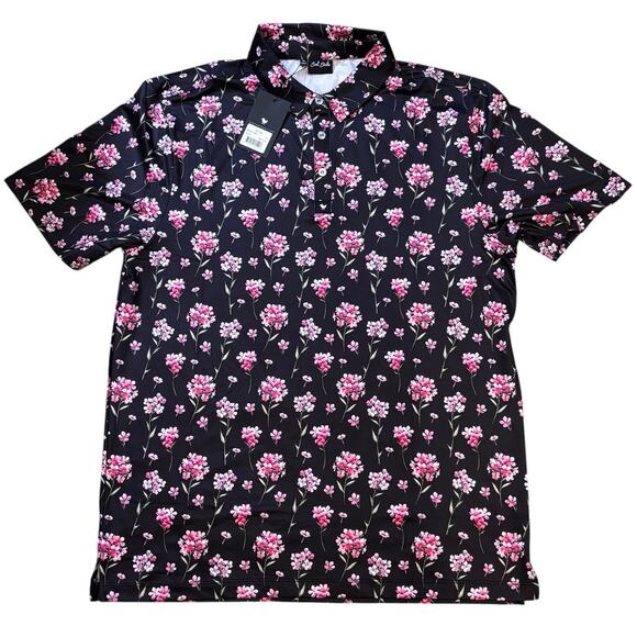 Bad Birdie Men's XL Black Polo Arcadia Pink Floral Short Sleeve Stretch Golf - Picture 1 of 6
